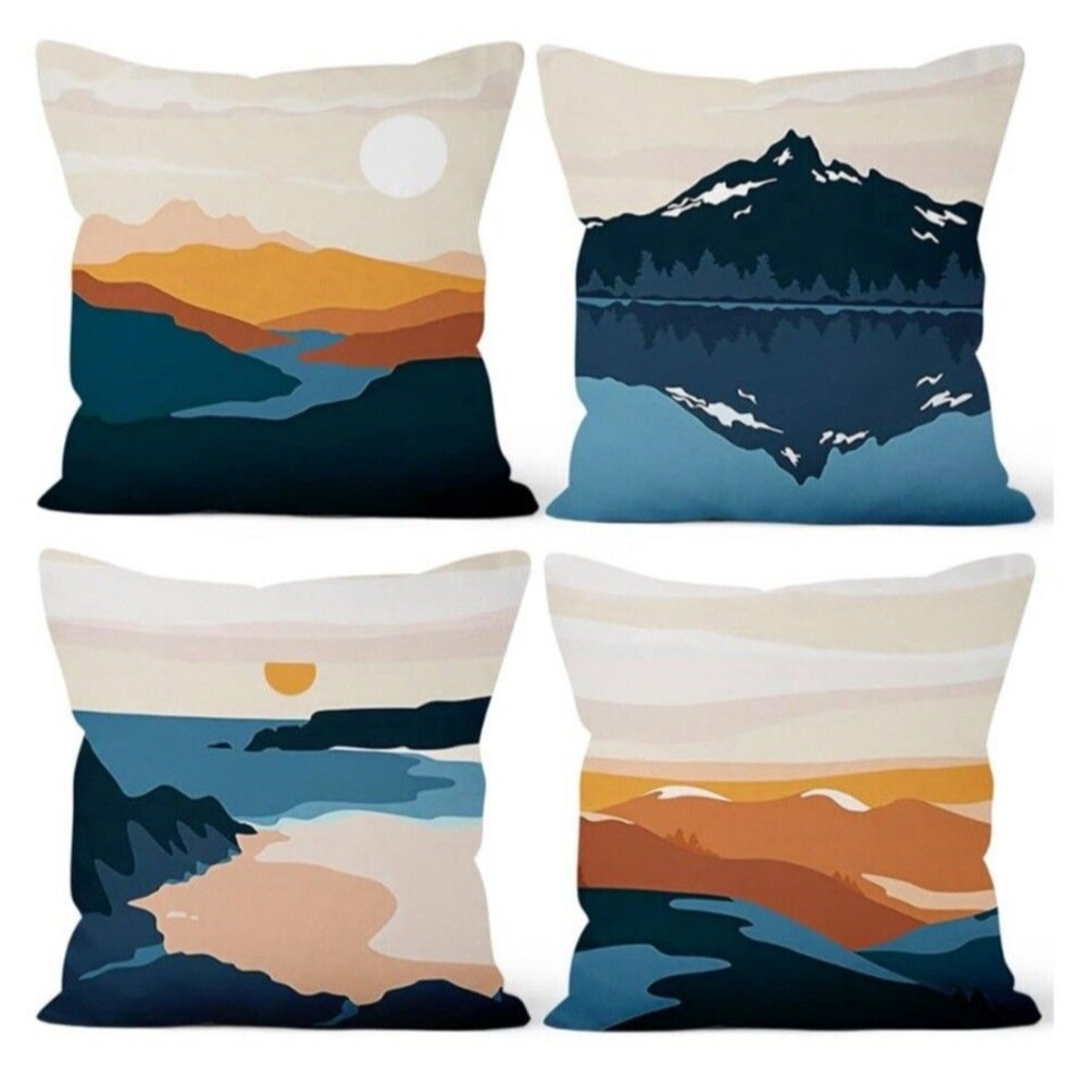4 Square Outdoor Indoor Throw Pillow Covers Landscape Mountain Lake Moon NWT